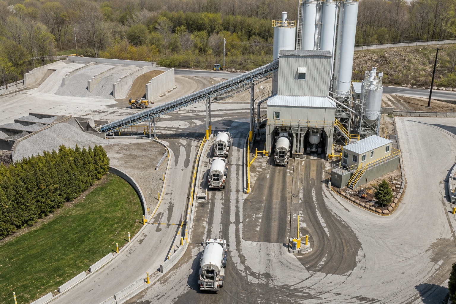 Overhead concrete batching plant layout with mixer trucks loading lanes exit route aggregate stockpiles conveyor silos and control cabin