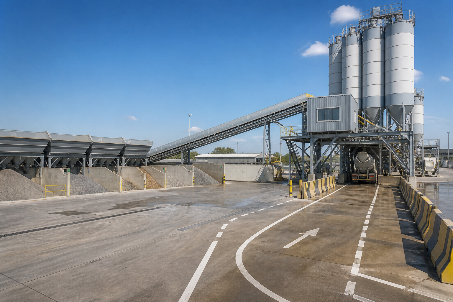 Concrete batching plant yard with aggregate bins covered conveyor cement silos mixer loading bay and marked truck queue lanes